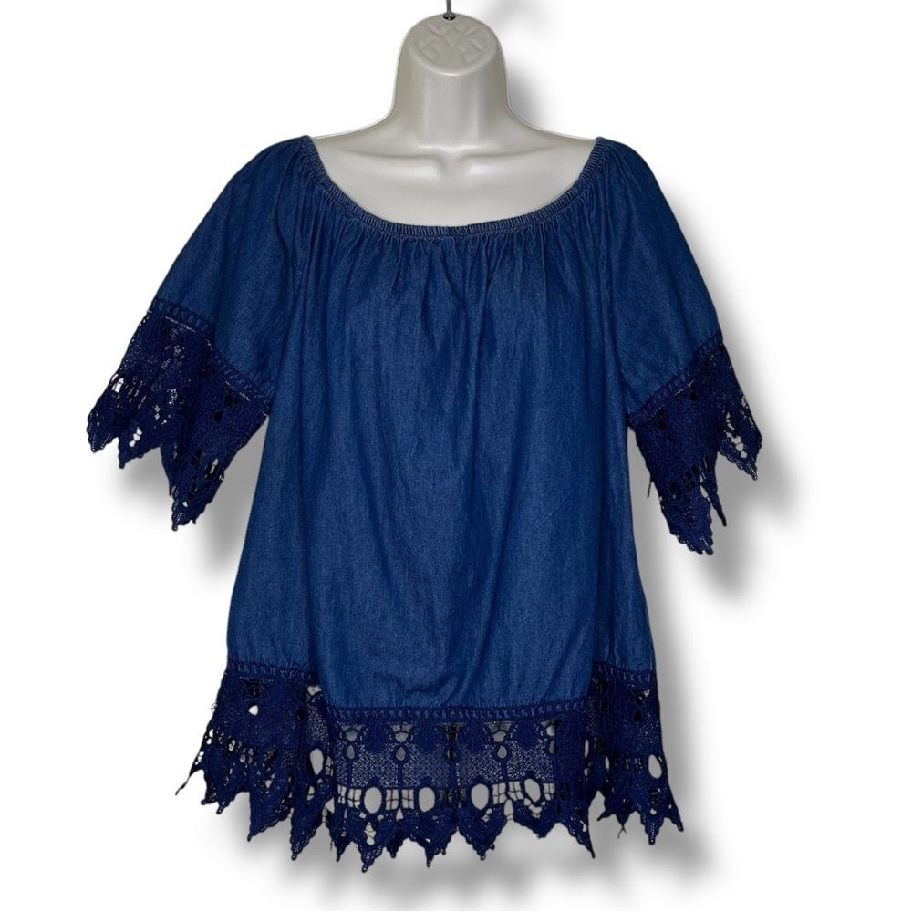 Taxi Blue Chambray Denim Off Shoulder Wide Crochet Lace Trim Top Women 2X FLAWED